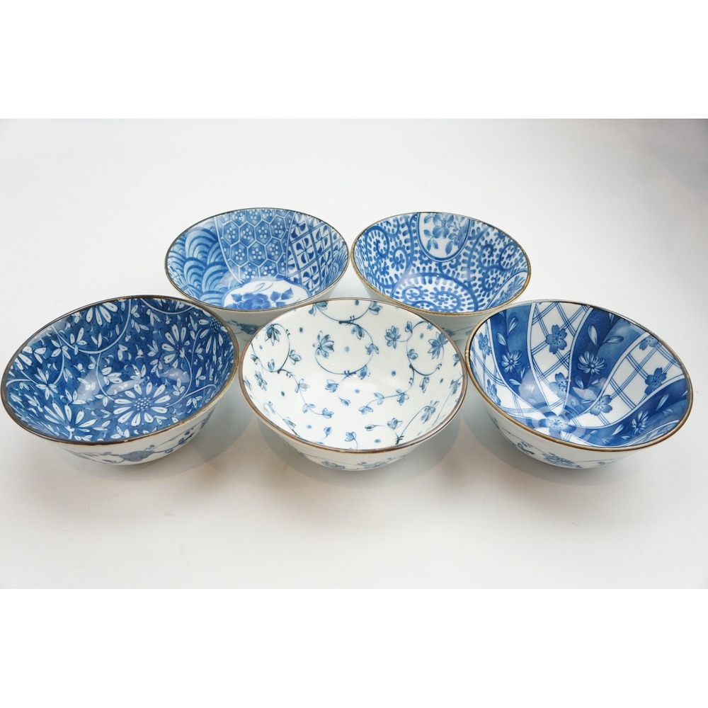 Arita Ware Ceramic Bowls Set of 5 Blue White Floral Geometric Japan Excellent